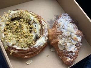 Pistachio roll, and almond croissant   at Oh My Days in Glebe