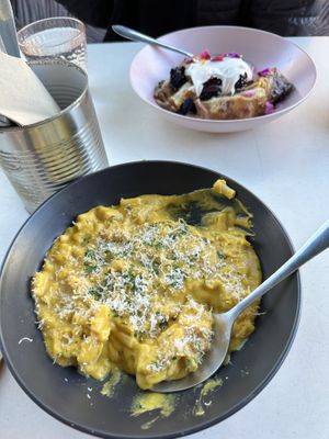 Pumpkin Mac ‘n cheese, and bread pudding with berries and whipped “cream”  at Oh My Days in Glebe