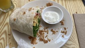 Breakfast burrito with “not bacon” removed  at Oh My Days in Glebe