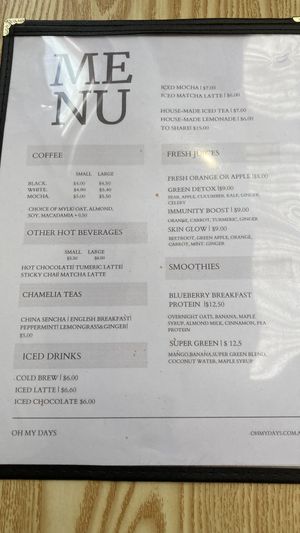 Beverage menu  at Oh My Days in Glebe