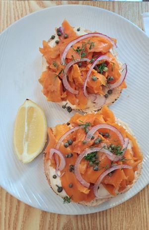 Vegan salmon cream bagel sandwich at Oh My Days in Glebe