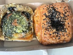 Pesto olive scroll and bacon cheese croissant  at Oh My Days in Glebe