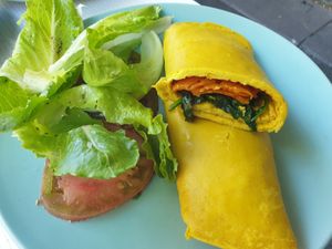 Salmon & spinach omelette $20.00: carrot very salty, very thick omelette at Oh My Days in Glebe