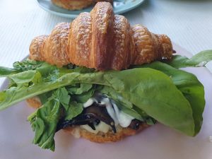 Roast mushroom, mozzarella, rocket, mayo croissant toastie $14.00: not bad, used to be amazing with oregano/thyme and garlic mushrooms at Oh My Days in Glebe