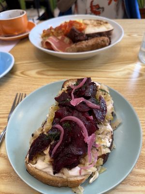 Beetroot “pastrami” on sourdough bread. The sauerkraut was a little too overpowering for my liking    at Oh My Days in Glebe