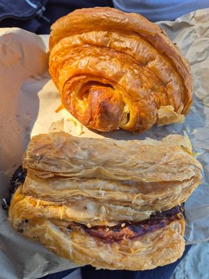 Sausage roll (bolognaise) $8.50: very tasty; Ham and cheese croissant $9.50: tasty ham, flaky croissant at Oh My Days in Glebe
