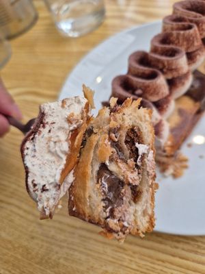 Tiramisu croissant $11: AMAZING cream with choc dusting, the croissant was crispy, there was a choc coffee filling (would have been ok without this or just less of it) at Oh My Days in Glebe