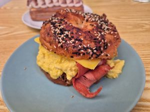 Breakfast bagel $18: lovely crispy croissant bagel at Oh My Days in Glebe