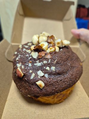 Hazlenut cruffin $10: crispy cruffin, filled w/lots of choc custard textured thing, too sweet for me at Oh My Days in Glebe