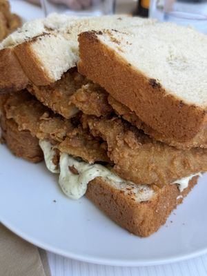 This sandwich was a joke. Nearly 6” of burnt vegan chicken and some sauce and pickles. Absolutely no way to eat this without cutting into smaller pieces or I was to unhinge myjaw at Oh My Days in Glebe