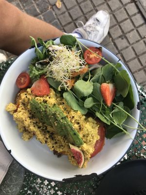 Scrambled tofu on sourdough bread with salad  at Mama Carmen's Coffee & Bakery in Mallorca