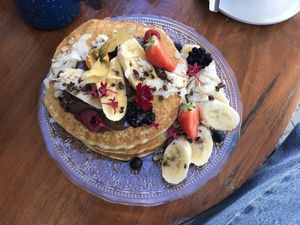 Pancakes with vegan Nutella and fruit  at Mama Carmen's Coffee & Bakery in Mallorca