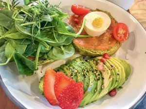 Spinach brioche with tofu egg  at Mama Carmen's Coffee & Bakery in Mallorca