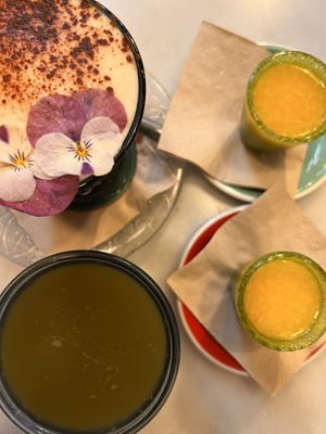 Chai Latte, Green Mama & ginger, lemon & turmeric shots  at Mama Carmen's Coffee & Bakery in Mallorca