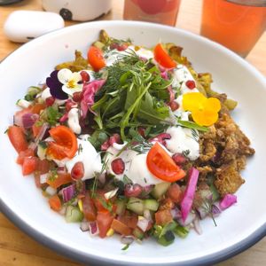 Delicious daily special: vegan kebab with Lebanese taboulé and baked potato wedges   at Mama Carmen's Coffee & Bakery in Mallorca