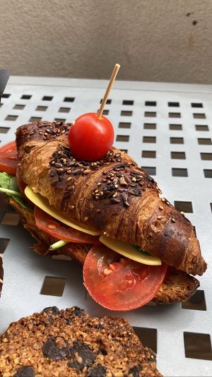 Savory croissant with vegan cheese and meat  at Mama Carmen's Coffee & Bakery in Mallorca