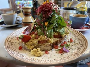 Toast with scrambled tofu and vegan cheese  at Mama Carmen's Coffee & Bakery in Mallorca