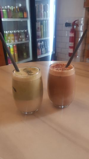 Iced matcha tea and iced decaf mocha at Mama Carmen's Coffee & Bakery in Mallorca