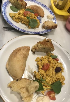 Empanadillas and tofu scramble!  at Mama Carmen's Coffee & Bakery in Mallorca