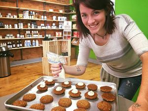 The Owner, making her famous oatmeal cookies at The Hangry Herbivore in Marshall