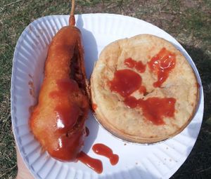 Pie and dagwood dog from Ykillamoocow. at No Bull - Ykillamoocow Food Stall in West End