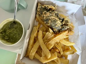 ‘Vegan fillet’ (banana blossom in seaweed batter), chips and mushy peas  at The London Fryer in Paignton
