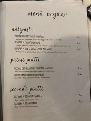 Vegan section of the menu at Donna Rosa in Oliveri