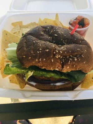 Nutty burger with a side of chips & fresh salsa. at Brick House in Folsom