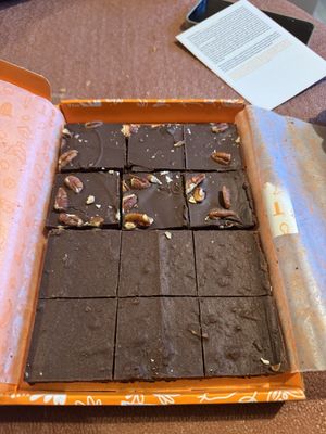 Vegan / GF brownies: pecan (top) and "honeycomb”  at Cutter & Squidge in London
