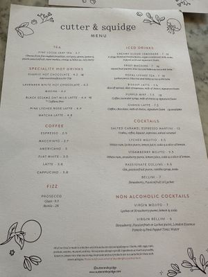 Menu  at Cutter & Squidge in London