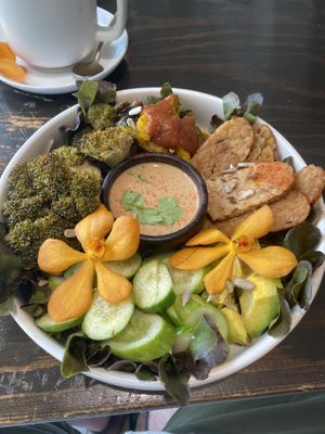 Buddha bowl with ‘over’ cooked brocoli  at The Banana Warrior - Emquartier in Bangkok