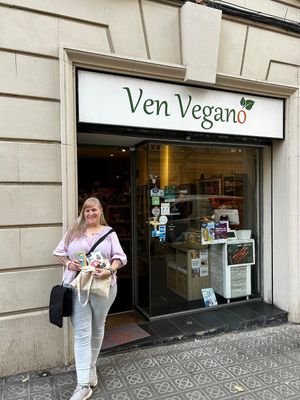 Outside the shop at Ven Vegano in Barcelona
