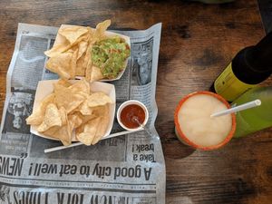 Chips, guac, salsa and margarita! at Los Primos in Annecy
