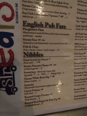 First item under 'Nibbles' is marked Vegan BUT it's sauce is marked Vegetarian...very confusing and I almost ate mayo because of it!  The waiter did not warn me or point this out. at Streats in Norfolk