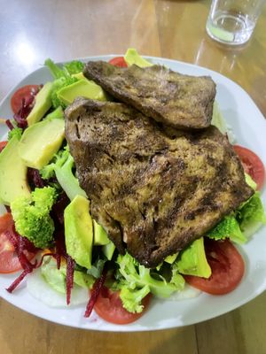Vegan steak and 'vegetables' (there was broccoli to be fair😉 at El Paraiso Restaurant Vegetariano  in Pucallpa