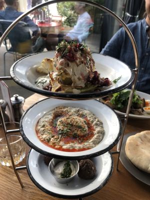 Three mezze: cauliflower, babaganoush, falafel & tahini (30.-)  at NENI - Langstrasse in Zurich