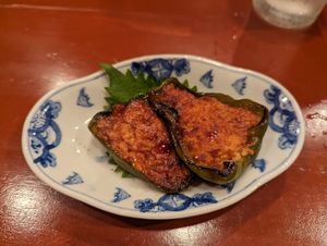 inoki mushroom and tofu stuffed peppers at Saishuan Shiraki in Kyoto