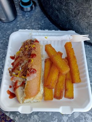 Vegan hotdog and polenta chips at Veggie Nook in Bowral