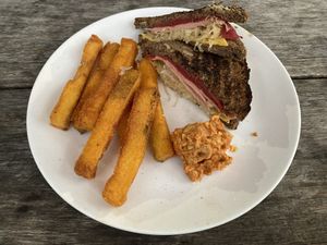 Vegan rueben with amazing polenta chips    at Veggie Nook in Bowral