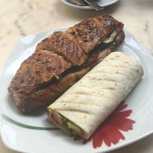 Veggie-filled sandwich (with cream cheese) and vegan wrap. at Kalí Órexi by Labocatorio in Bilbao