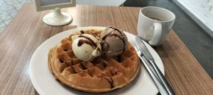 Waffle and two ice-creams at $11. at Sasco Cafe in North Singapore