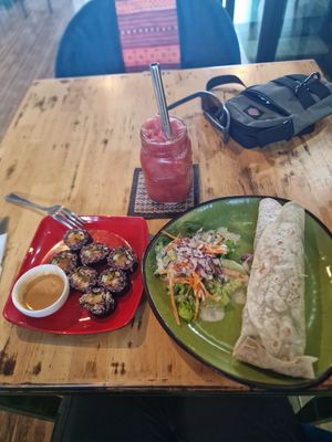 Vegan Falafel wrap, seaweed rolls, watermelon smoothie at The Greenhouse in Vientiane