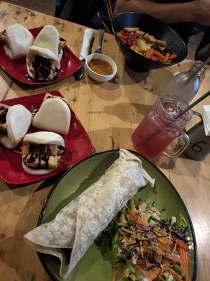 Vegan burrito and Bao, in the back the vegan tex mex bowl at The Greenhouse in Vientiane