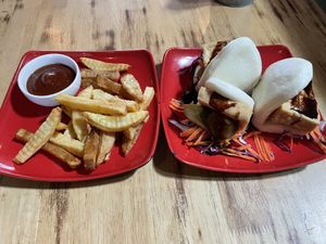 Vegan tofu bao and side fries  at The Greenhouse in Vientiane