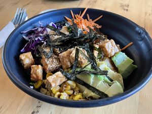Teriyaki tempeh poke bowl, 80,000 kip  at The Greenhouse in Vientiane