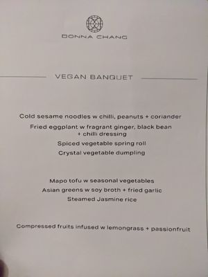 Vegan Banquet menu at Donna Chang in Brisbane
