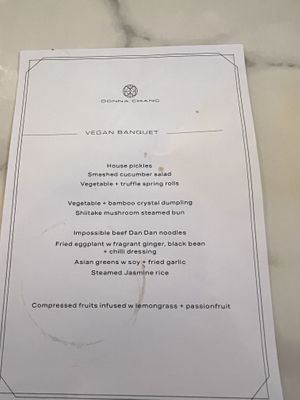 Vegan banquet menu  at Donna Chang in Brisbane