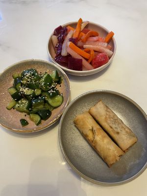 Starters -  cucumber salad, pickled veg & spring rolls  at Donna Chang in Brisbane