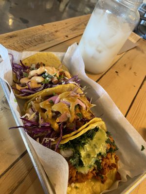 Fish taco, shrimp taco, and chorizo taco  at Earth Plant Based in Phoenix
