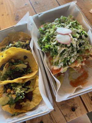 Tacos Al Pastor (left) and Flautas de Papa (right)  at Earth Plant Based in Phoenix